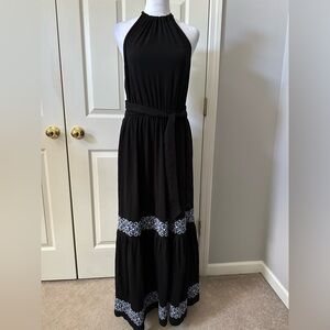 NWT Boden Black Jersey Halter Maxi Dress, embroidered, belt, size 10